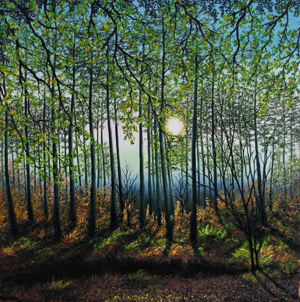Oil painting of a forest at dusk with sunlight filtering through tall trees, casting shadows on the floor, conveying calm, serenity, and natural beauty.