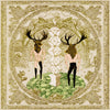 Two anthropomorphic deer-headed figures stand in a ceremonial setting with geometric columns and ornate borders, evoking balance, duality, and ritual symbolism.