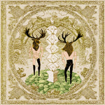 Two anthropomorphic deer-headed figures stand in a ceremonial setting with geometric columns and ornate borders, evoking balance, duality, and ritual symbolism.