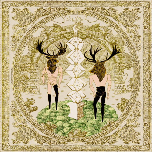 Two anthropomorphic deer-headed figures stand in a ceremonial setting with geometric columns and ornate borders, evoking balance, duality, and ritual symbolism.