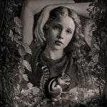 Young figure framed by leaves gazes mysteriously, with a squirrel in the foreground, blending realism and surrealism to evoke innocence, fragility, and quiet resilience.