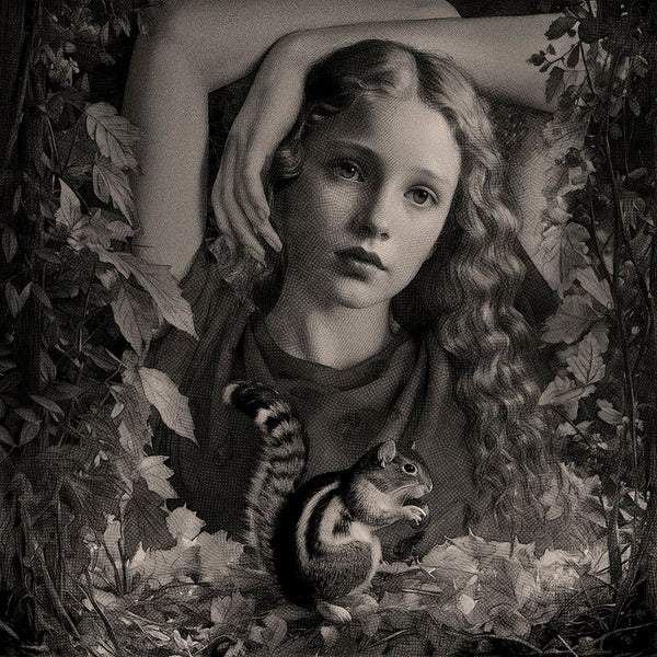 Young figure framed by leaves gazes mysteriously, with a squirrel in the foreground, blending realism and surrealism to evoke innocence, fragility, and quiet resilience.