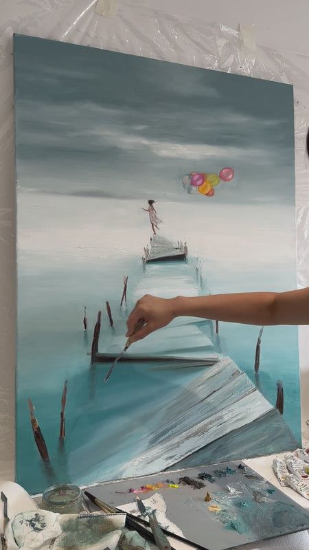 Lone figure walks across a fragmented pier with softly glowing balloons, evoking hope, courage, and forward movement.